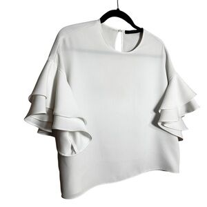 Zara Woman Elegant White Ruffle Short Sleeve Flowy Blouse, Size Small